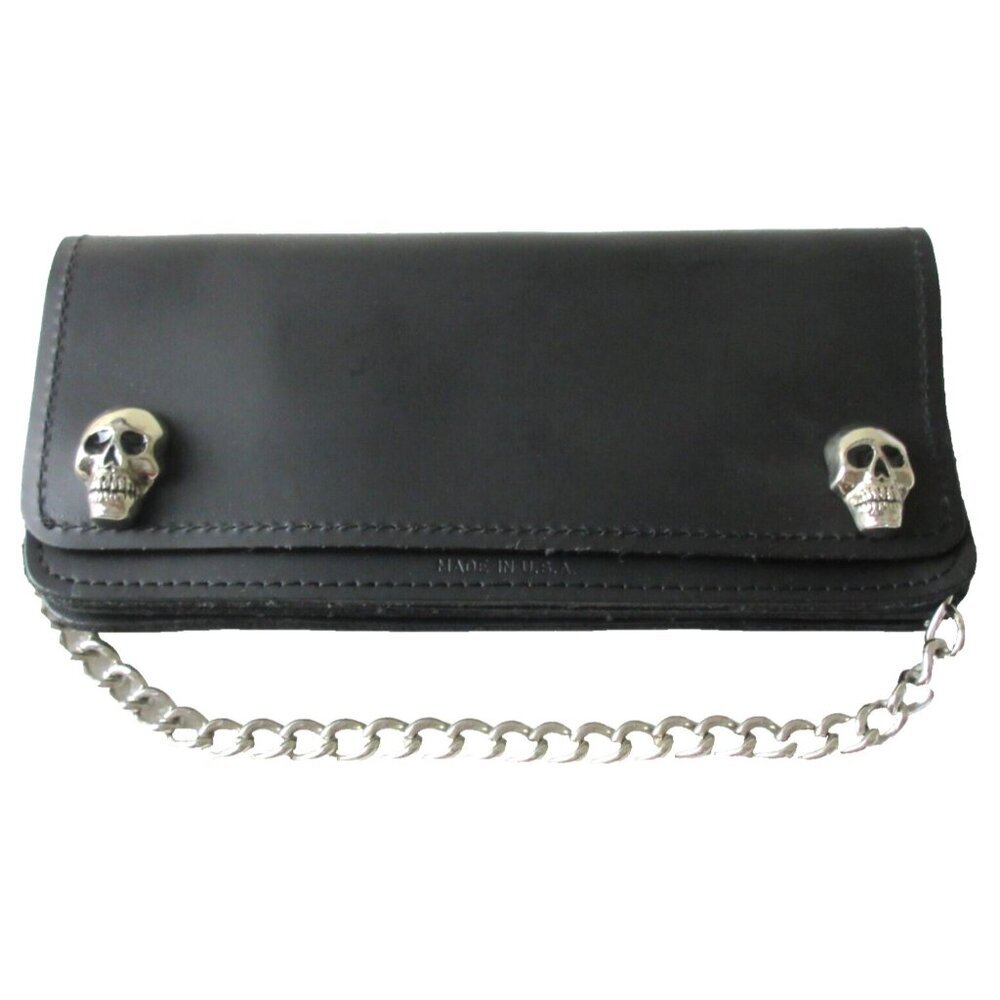 Men's Genuine Leather Skull Skeleton Trucker Snap Chain Wallet Black USA Made - Picture 2 of 7